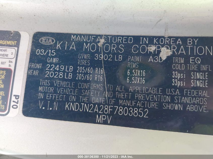 2015 KIA SOUL BASE - KNDJN2A28F7803852