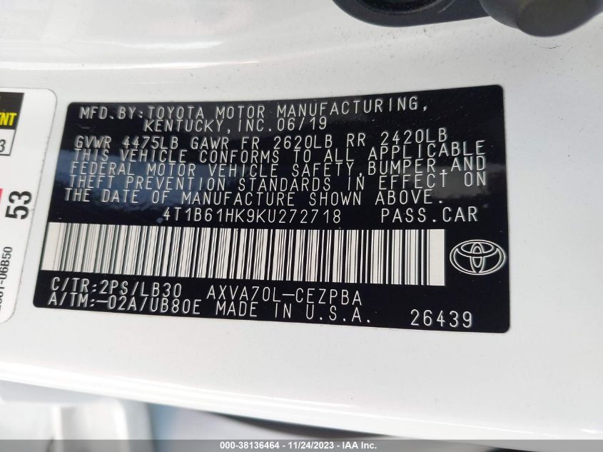 2019 TOYOTA CAMRY XSE - 4T1B61HK9KU272718