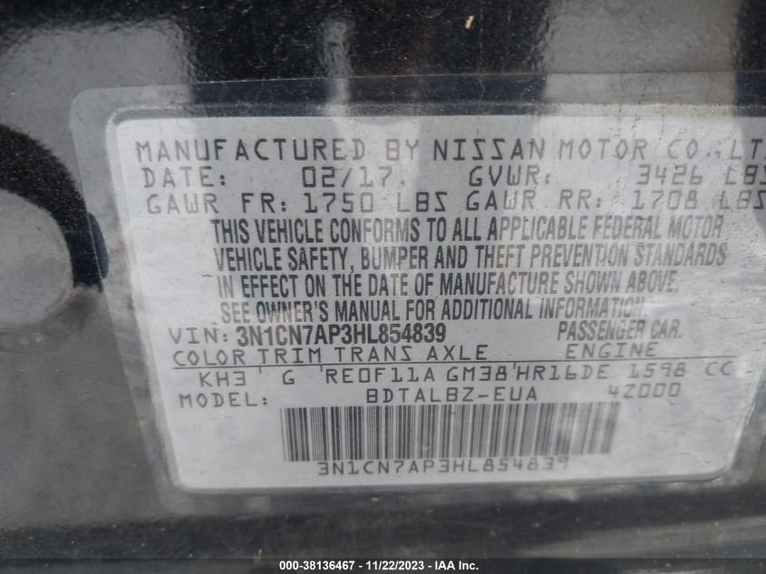 2017 NISSAN VERSA 1.6 SV - 3N1CN7AP3HL854839