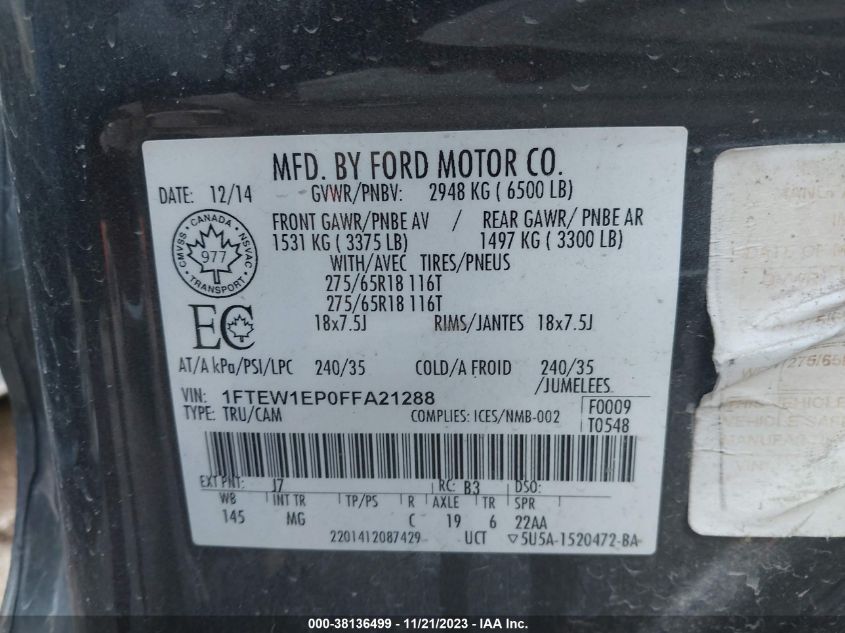 2015 FORD F-150 XLT - 1FTEW1EP0FFA21288