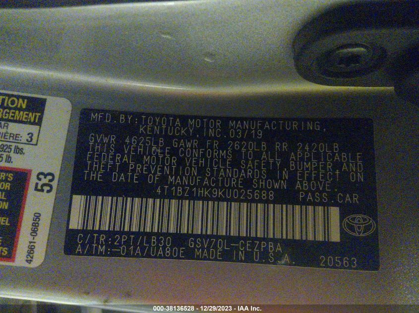 2019 TOYOTA CAMRY XSE V6 - 4T1BZ1HK9KU025688
