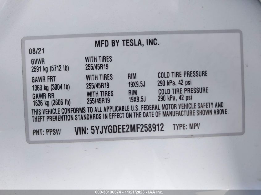 2021 TESLA MODEL Y LONG RANGE DUAL MOTOR - 5YJYGDEE2MF258912