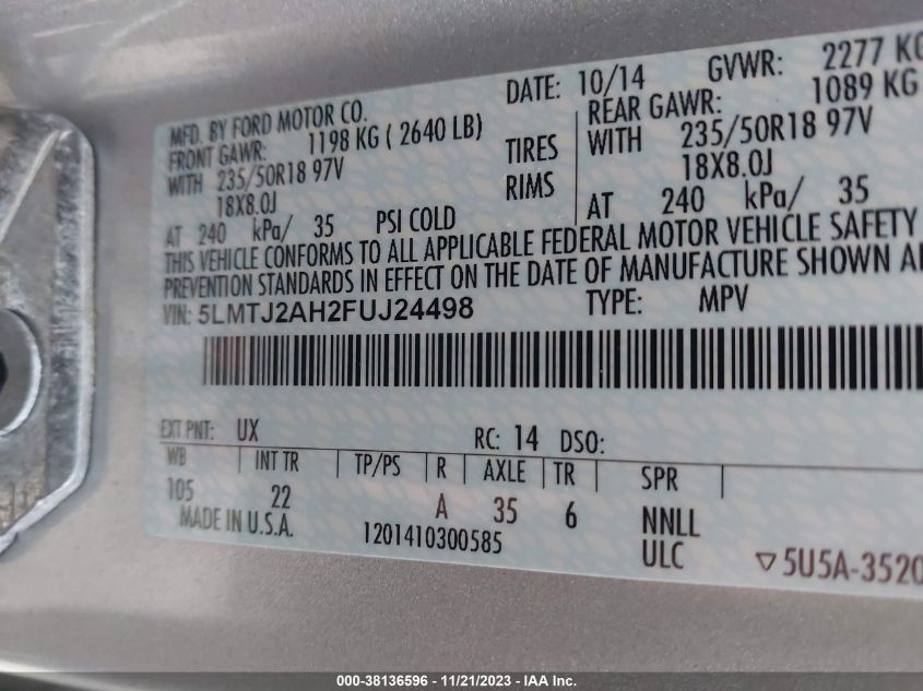 2015 LINCOLN MKC - 5LMTJ2AH2FUJ24498