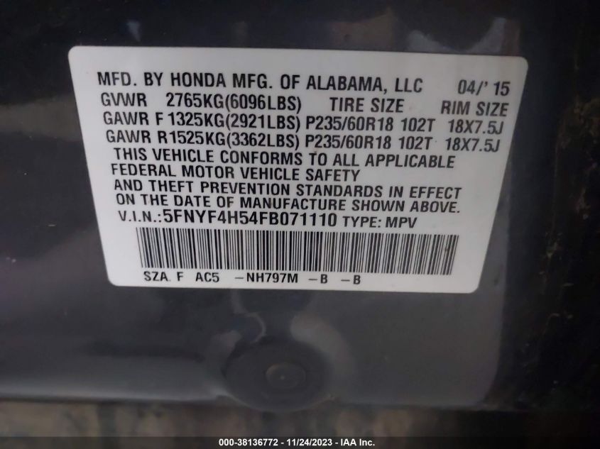 2015 HONDA PILOT EX-L - 5FNYF4H54FB071110