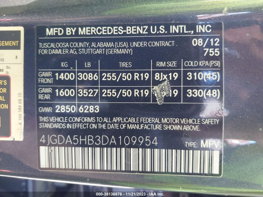 2013 MERCEDES-BENZ ML 350 4MATIC 4JGDA5HB3DA109954