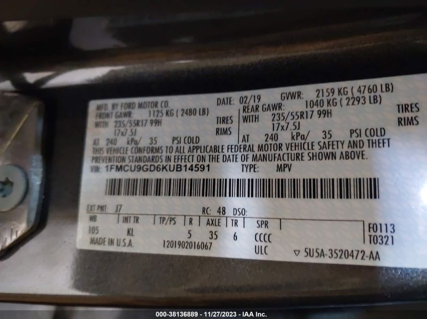 1FMCU9GD6KUB14591 2019 FORD ESCAPE, photo no. 9