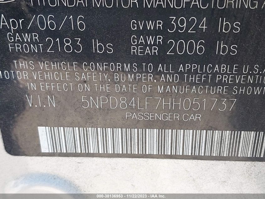 2017 HYUNDAI ELANTRA LIMITED - 5NPD84LF7HH051737