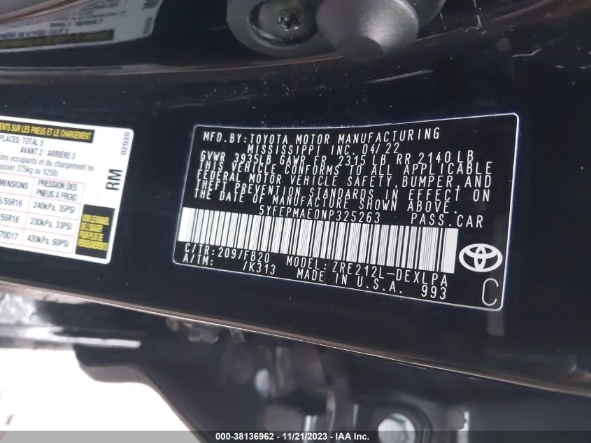 2022 TOYOTA COROLLA LE - 5YFEPMAE0NP325263
