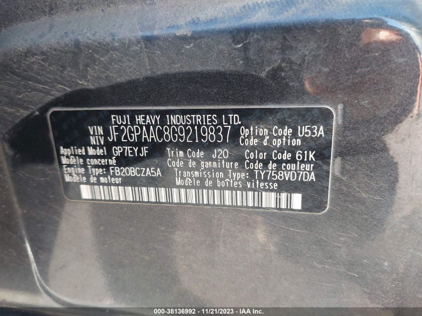 2016 SUBARU CROSSTREK - JF2GPAAC8G9219837