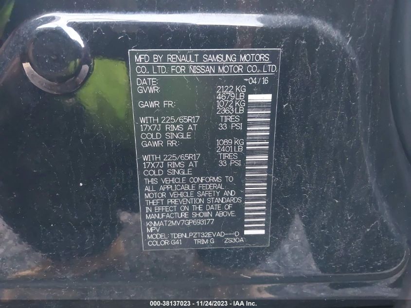 2016 NISSAN ROGUE S - KNMAT2MV7GP693177