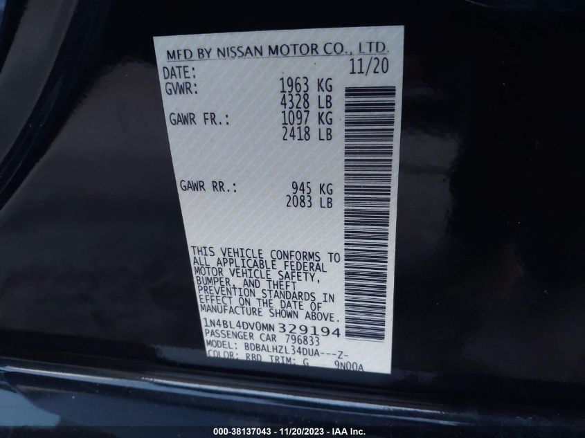 2021 NISSAN ALTIMA SV FWD - 1N4BL4DV0MN329194