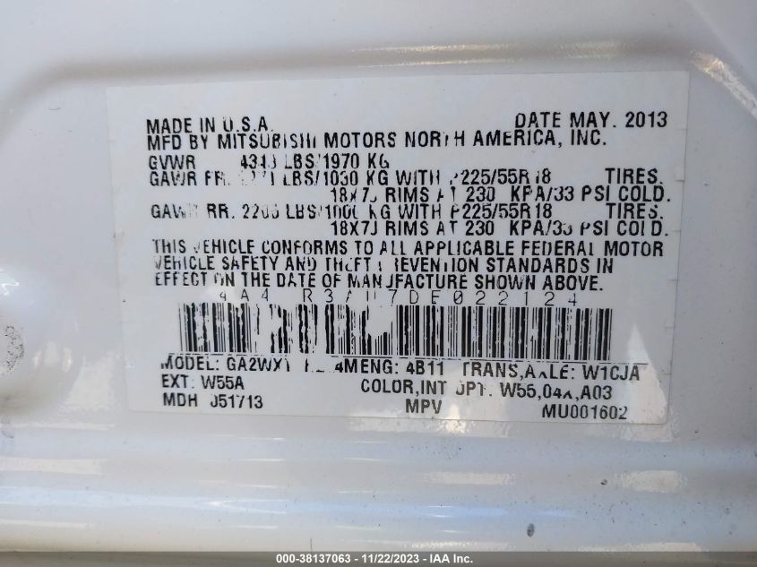 2013 MITSUBISHI OUTLANDER SPORT ES - 4A4AR3AU7DE022124