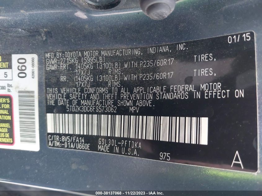 2015 TOYOTA SIENNA L 7 PASSENGER - 5TDZK3DC6FS573062