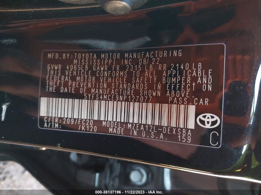 2022 TOYOTA COROLLA SE - 5YFS4MCE9NP127077