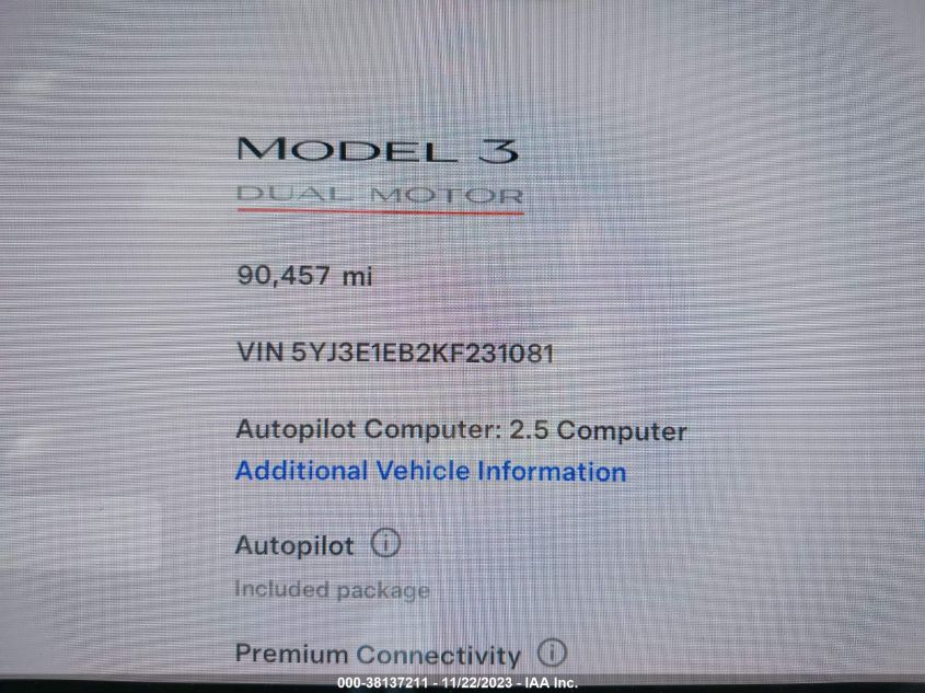 2019 TESLA MODEL 3 LONG RANGE/PERFORMANCE - 5YJ3E1EB2KF231081