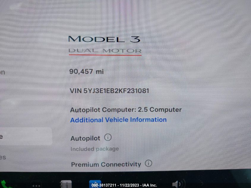 2019 TESLA MODEL 3 LONG RANGE/PERFORMANCE - 5YJ3E1EB2KF231081