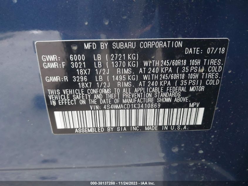 2019 SUBARU ASCENT PREMIUM - 4S4WMACD1K3410869