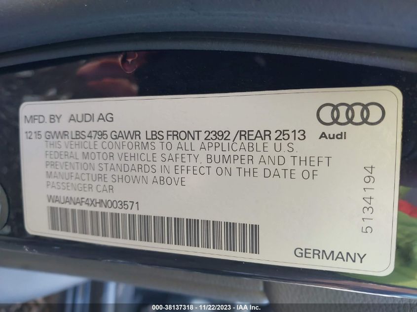 2017 AUDI A4 2.0T PREMIUM - WAUANAF4XHN003571