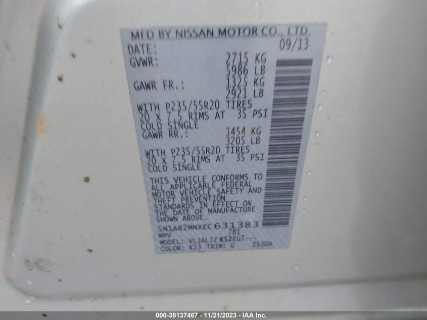 2014 NISSAN PATHFINDER PLATINUM - 5N1AR2MNXEC631383