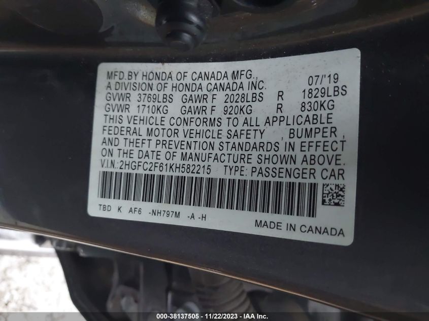 2019 HONDA CIVIC LX - 2HGFC2F61KH582215