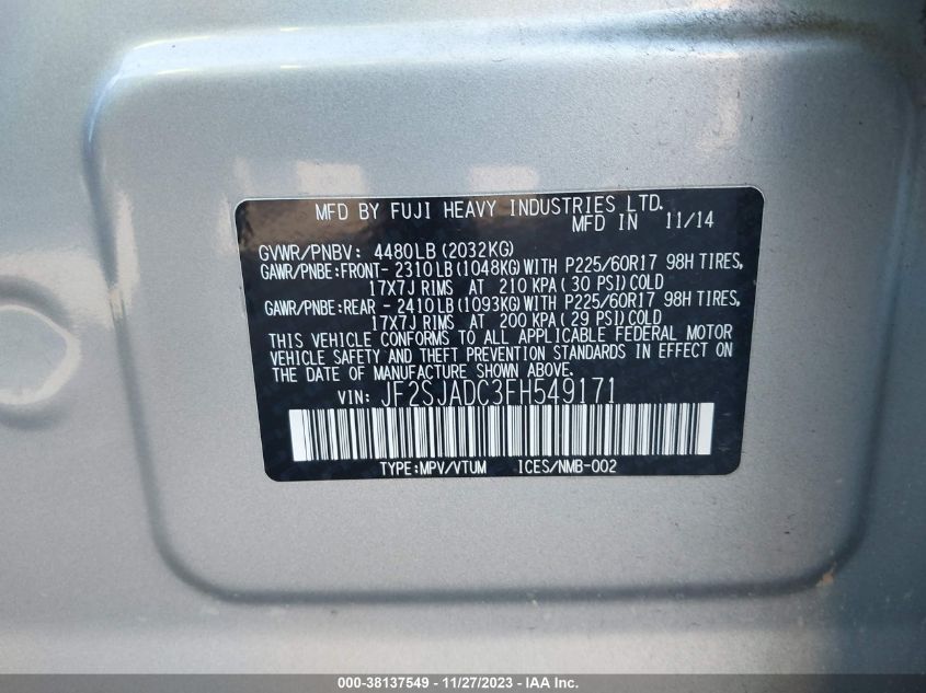 2015 SUBARU FORESTER 2.5I PREMIUM - JF2SJADC3FH549171