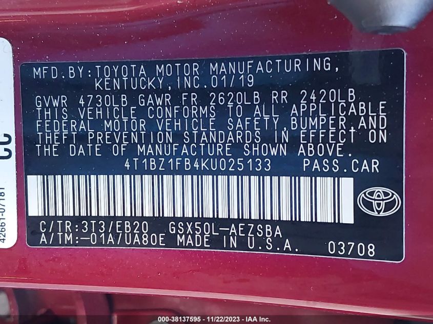 2019 TOYOTA AVALON TOURING - 4T1BZ1FB4KU025133