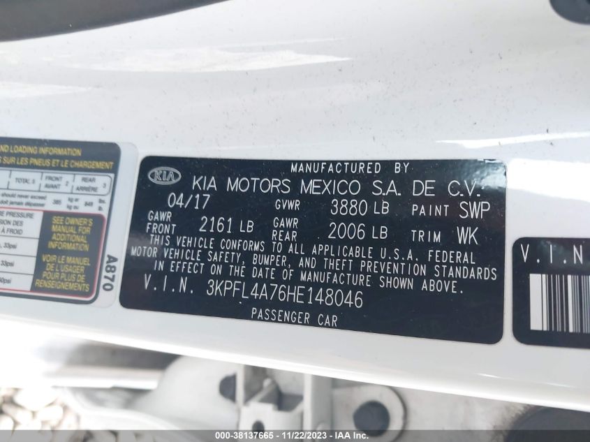 2017 KIA FORTE LX - 3KPFL4A76HE148046