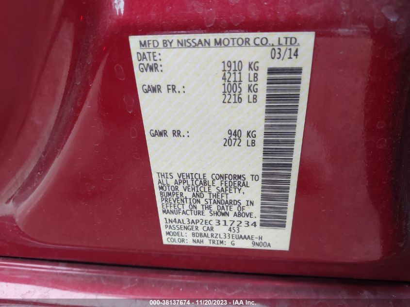 2014 NISSAN ALTIMA 2.5 S - 1N4AL3AP2EC317234