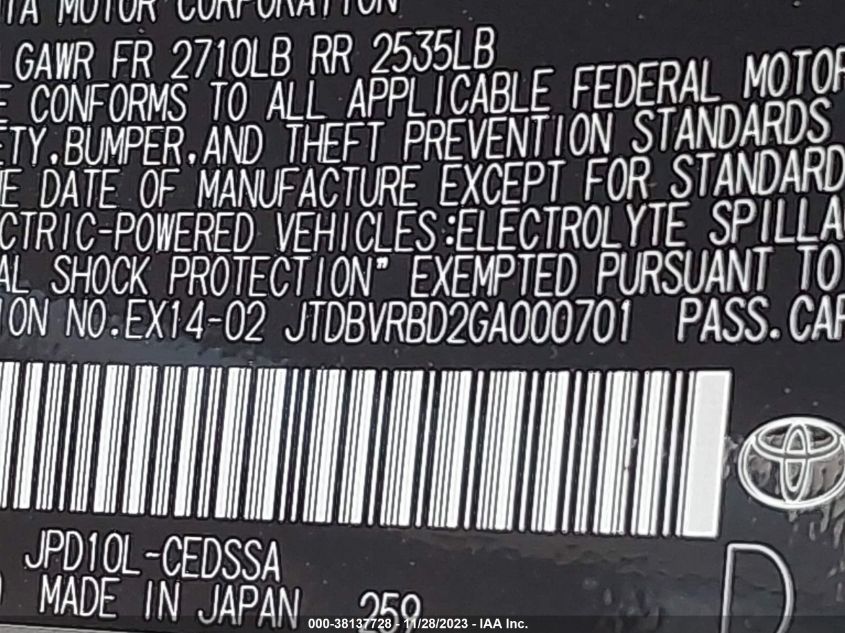 2016 TOYOTA MIRAI JTDBVRBD2GA000701
