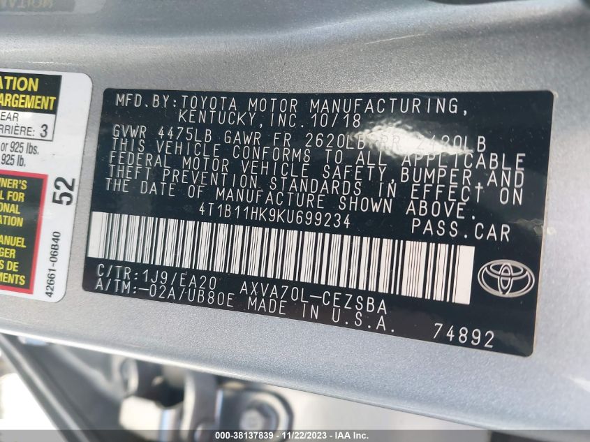 2019 TOYOTA CAMRY SE - 4T1B11HK9KU699234