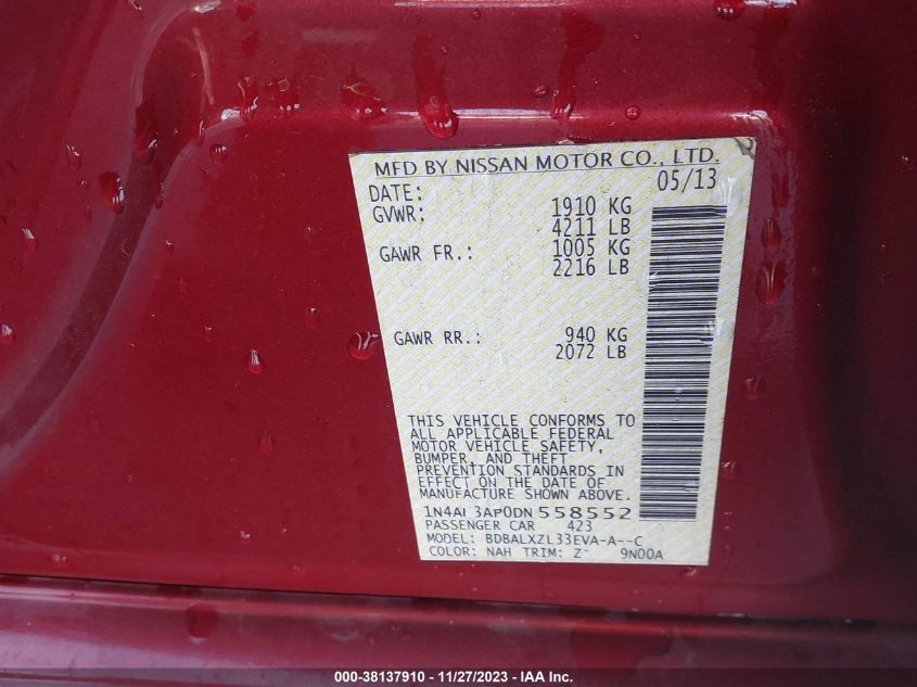 2013 NISSAN ALTIMA 2.5/S/SV/SL - 1N4AL3AP0DN558552