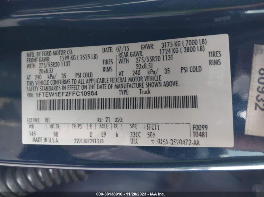 2015 FORD F-150 PLATINUM - 1FTEW1EF2FFC10984