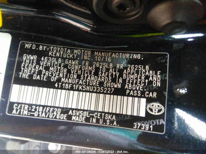 2017 TOYOTA CAMRY LE/XLE/SE/XSE - 4T1BF1FK5HU335227