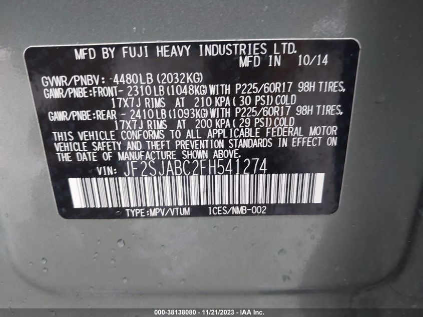 2015 SUBARU FORESTER 2.5I - JF2SJABC2FH541274