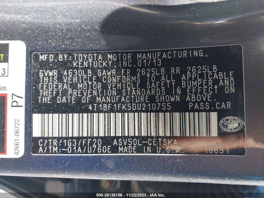 2013 TOYOTA CAMRY SE - 4T1BF1FK5DU210755