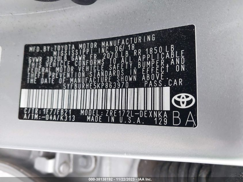 2019 TOYOTA COROLLA LE - 5YFBURHE5KP863970