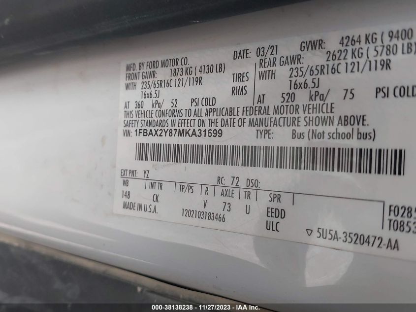 2021 FORD TRANSIT-350 PASSENGER VAN XLT - 1FBAX2Y87MKA31699