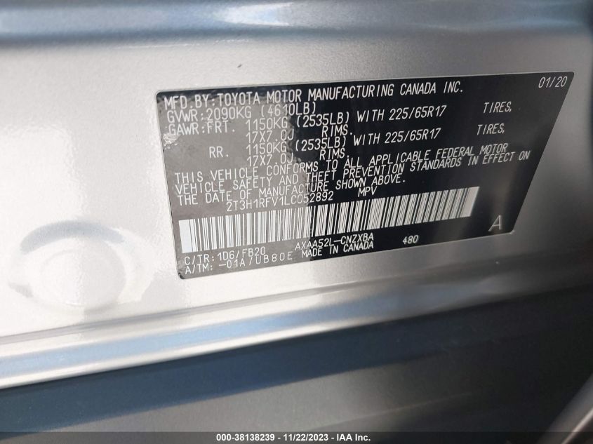 2020 TOYOTA RAV4 LE - 2T3H1RFV1LC052892