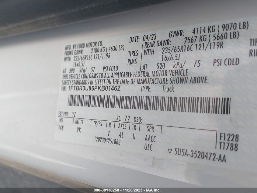 2023 FORD TRANSIT-250 CARGO VAN 1FTBR3U86PKB01462
