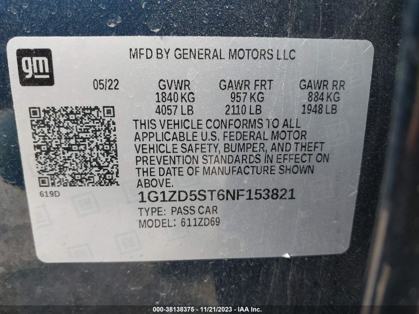 2022 CHEVROLET MALIBU FWD LT - 1G1ZD5ST6NF153821