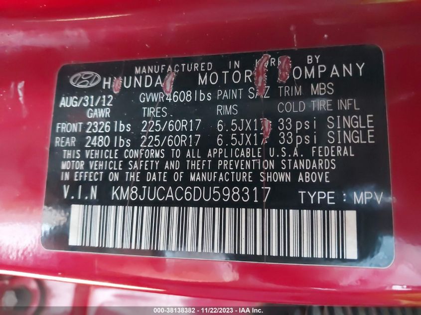 2013 HYUNDAI TUCSON GLS - KM8JUCAC6DU598317