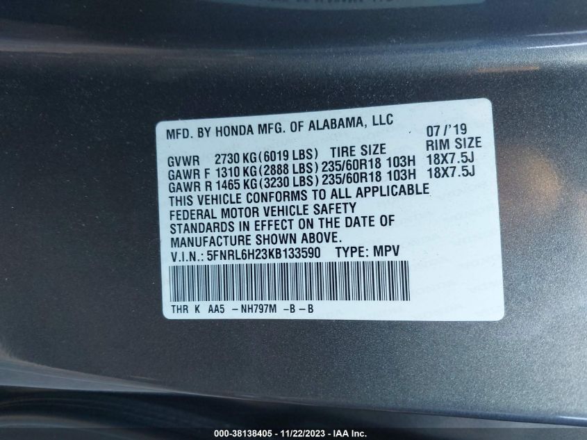 5FNRL6H23KB133590 Honda Odyssey LX 9