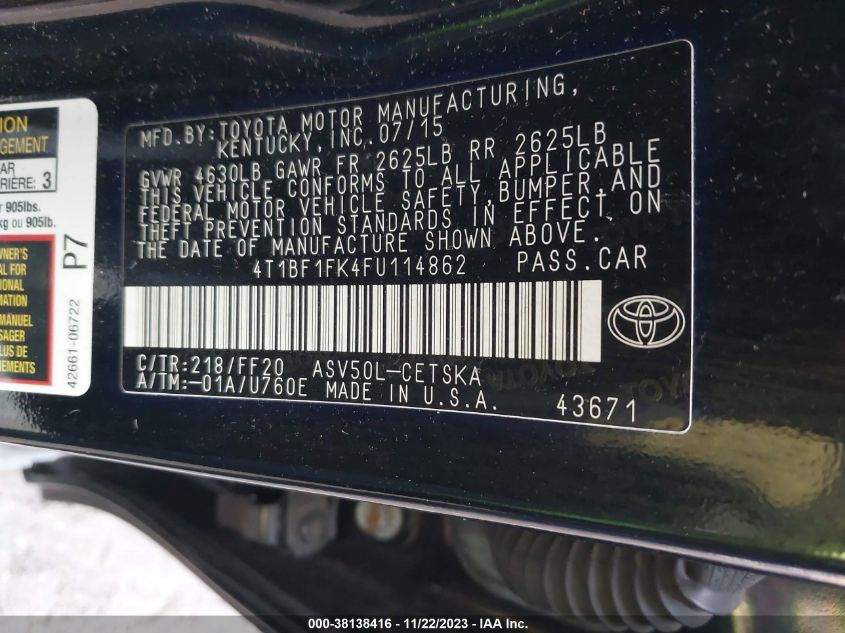 2015 TOYOTA CAMRY SE - 4T1BF1FK4FU114862