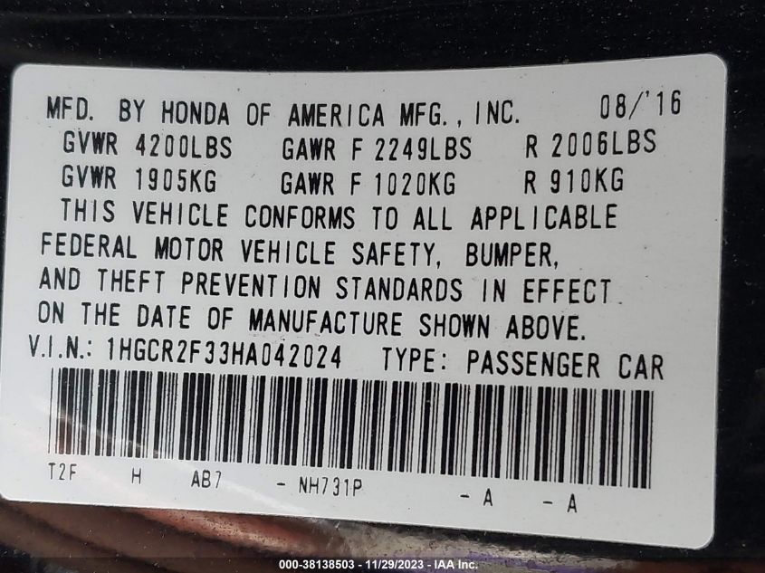 2017 HONDA ACCORD LX - 1HGCR2F33HA042024