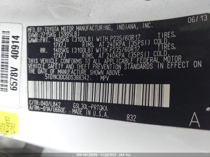 2013 TOYOTA SIENNA XLE V6 8 PASSENGER - 5TDYK3DC6DS388342