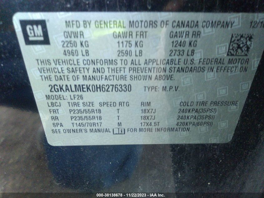 2017 GMC TERRAIN SLE - 2GKALMEK0H6276330