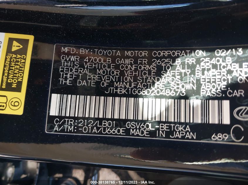 2013 LEXUS ES 350 4DR SDN - JTHBK1GG8D2048673