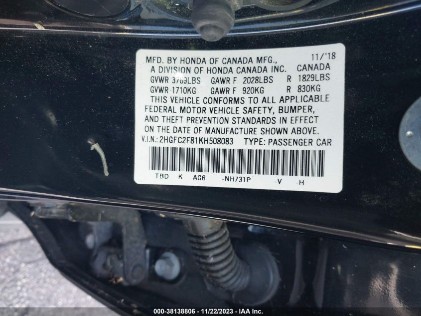 2HGFC2F81KH508083 Honda Civic Sedan SPORT 9