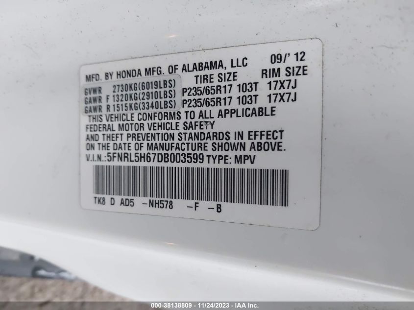 2013 HONDA ODYSSEY EXL - 5FNRL5H67DB003599