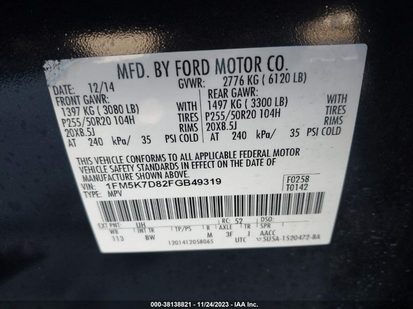 2015 FORD EXPLORER XLT - 1FM5K7D82FGB49319